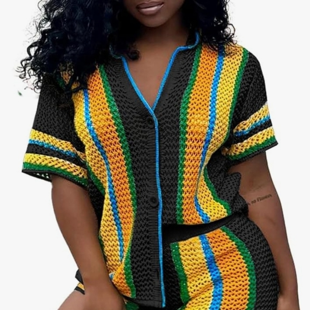 KNITTED COLORFUL STRIPED BUTTON DOWN CROCHET SHIRT. UNBRANDED. SIZE X-LARGE.